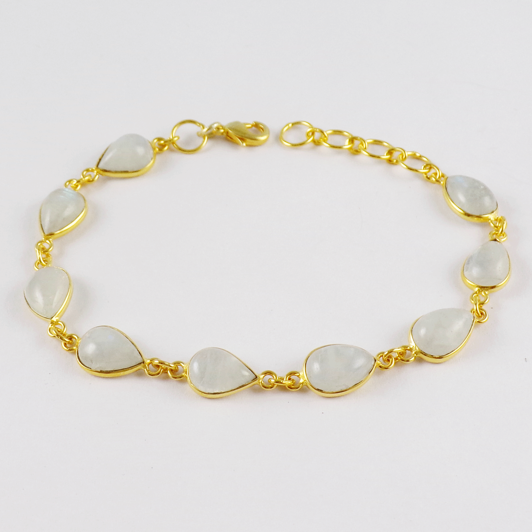 Natural Rainbow Moonstone Brass Bracelet K - BZB998 18K Gold Plated Cab Pear Shape 7x9mm Bezel Setting Brass Bracelet